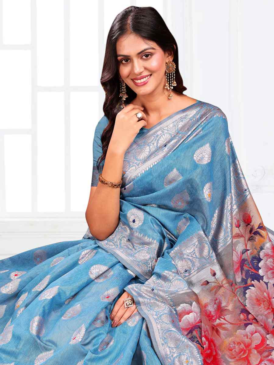 Sky Blue Linen Cotton Handwoven Festival Wedding Fancy Heavy Border Saree