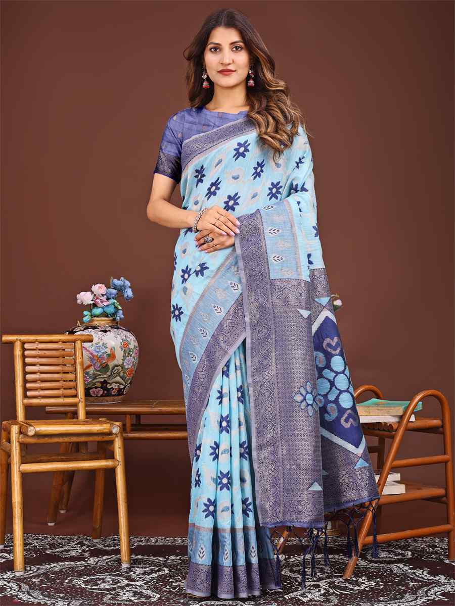 Sky Blue Linen Cotton Handwoven Festival Wedding Fancy Heavy Border Saree