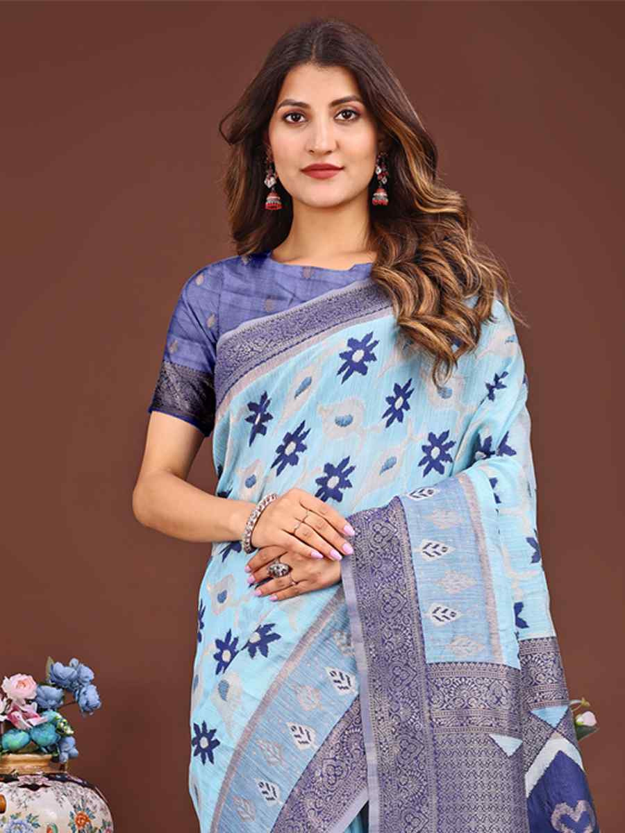 Sky Blue Linen Cotton Handwoven Festival Wedding Fancy Heavy Border Saree