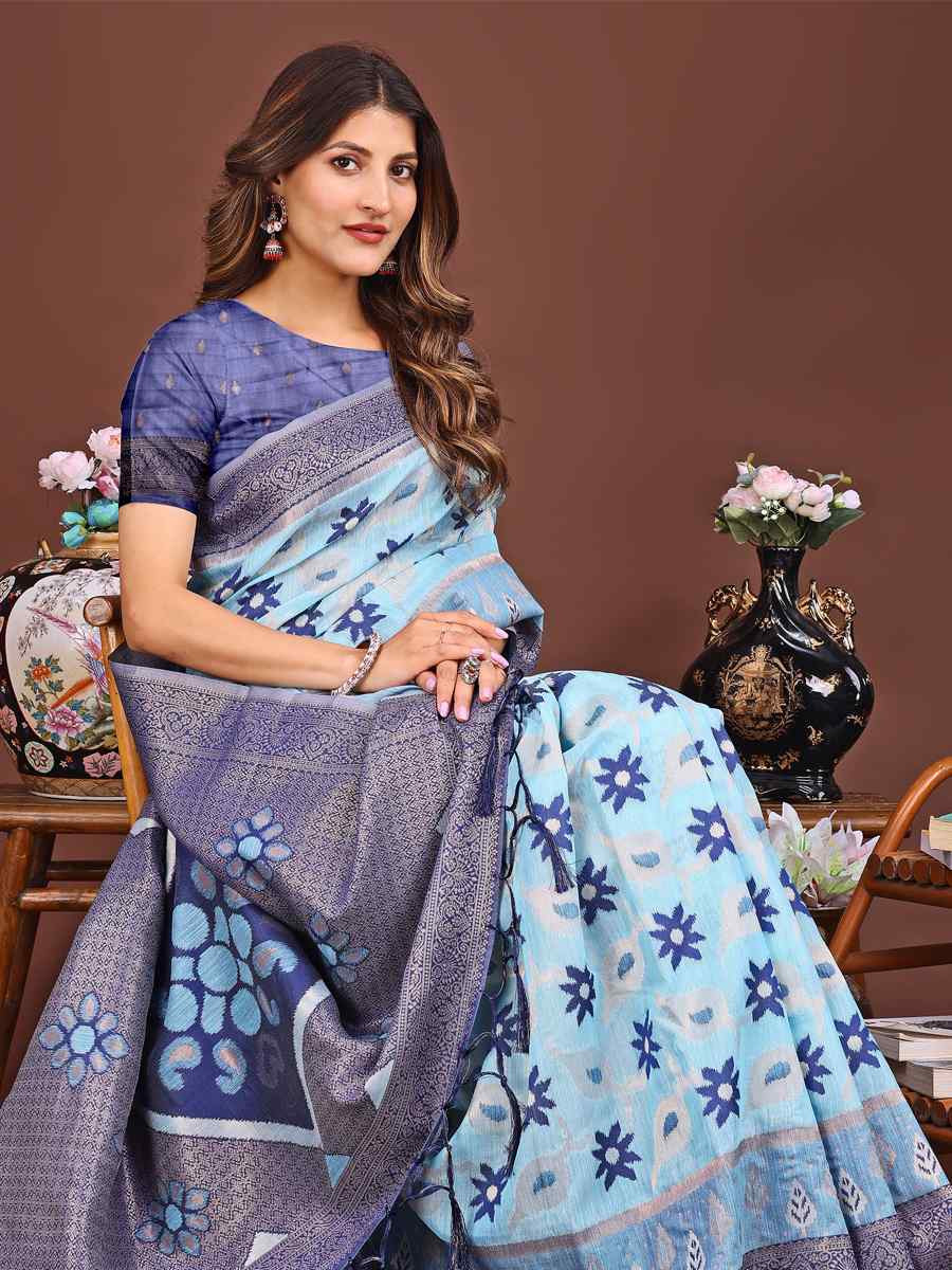 Sky Blue Linen Cotton Handwoven Festival Wedding Fancy Heavy Border Saree