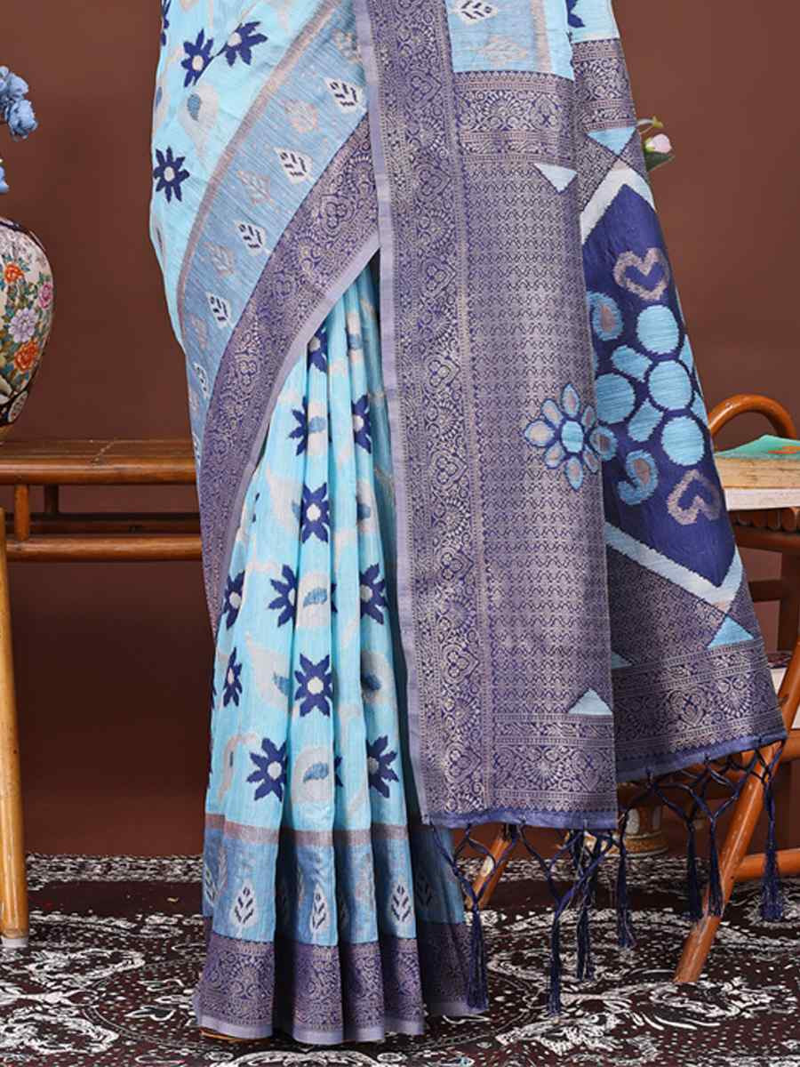 Sky Blue Linen Cotton Handwoven Festival Wedding Fancy Heavy Border Saree