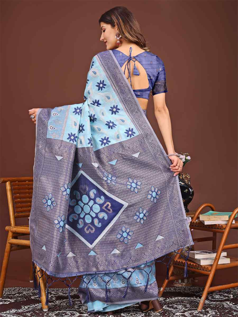 Sky Blue Linen Cotton Handwoven Festival Wedding Fancy Heavy Border Saree