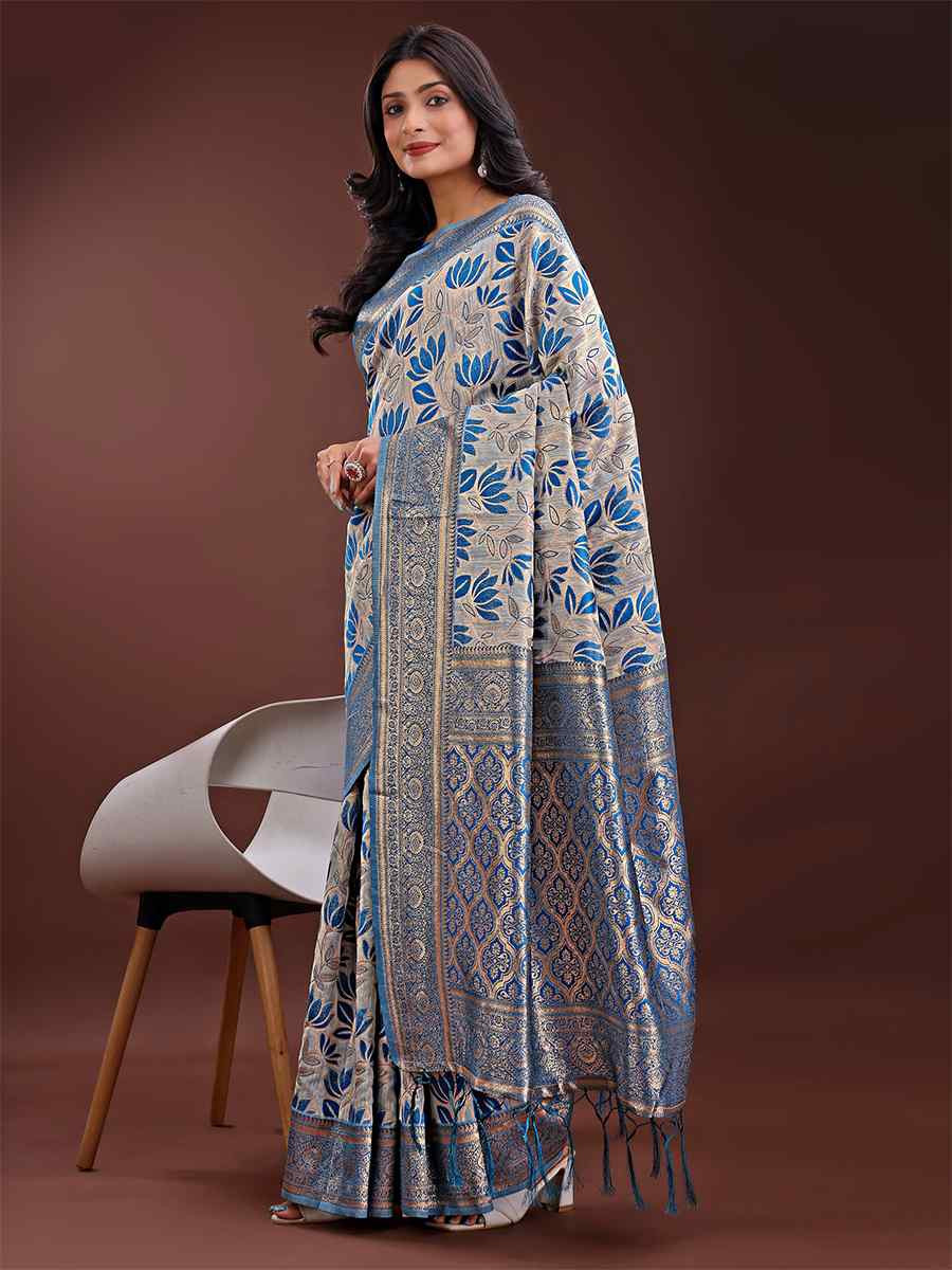 Sky Blue Linen Cotton Handwoven Festival Wedding Fancy Heavy Border Saree