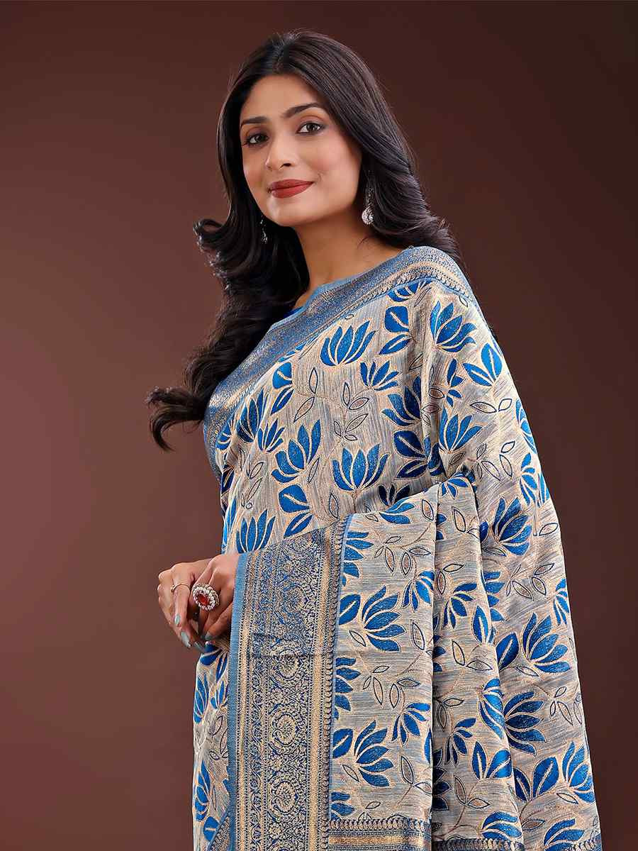 Sky Blue Linen Cotton Handwoven Festival Wedding Fancy Heavy Border Saree