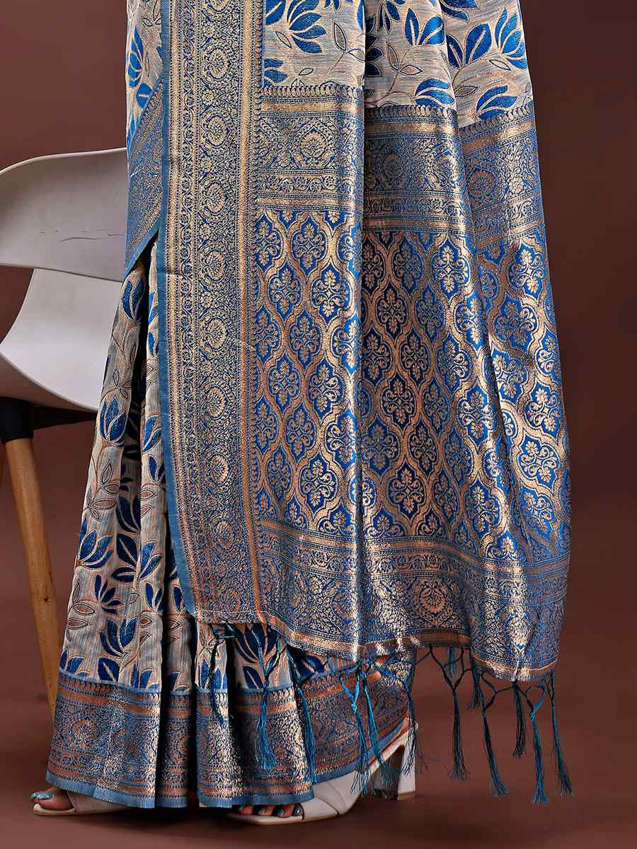 Sky Blue Linen Cotton Handwoven Festival Wedding Fancy Heavy Border Saree