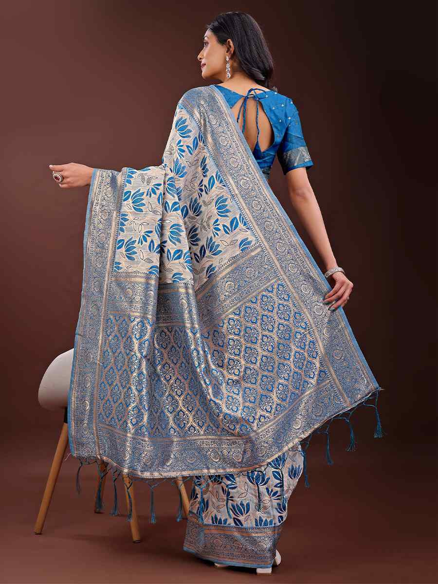 Sky Blue Linen Cotton Handwoven Festival Wedding Fancy Heavy Border Saree