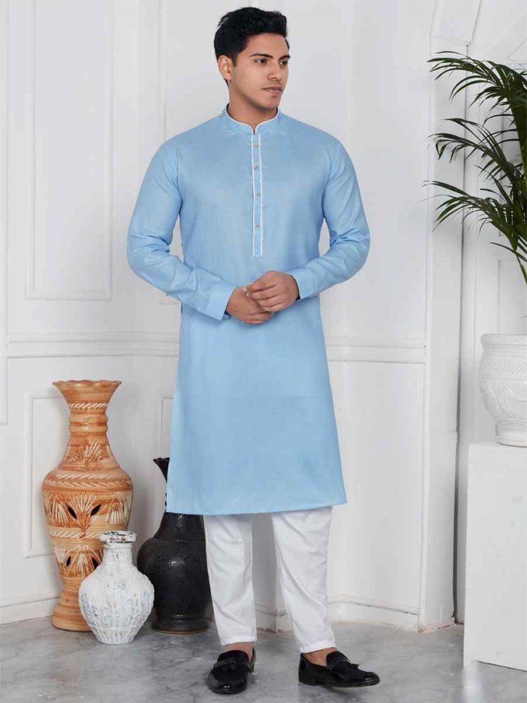 Sky Blue Linen Cotton Printed Festival Casual Kurta