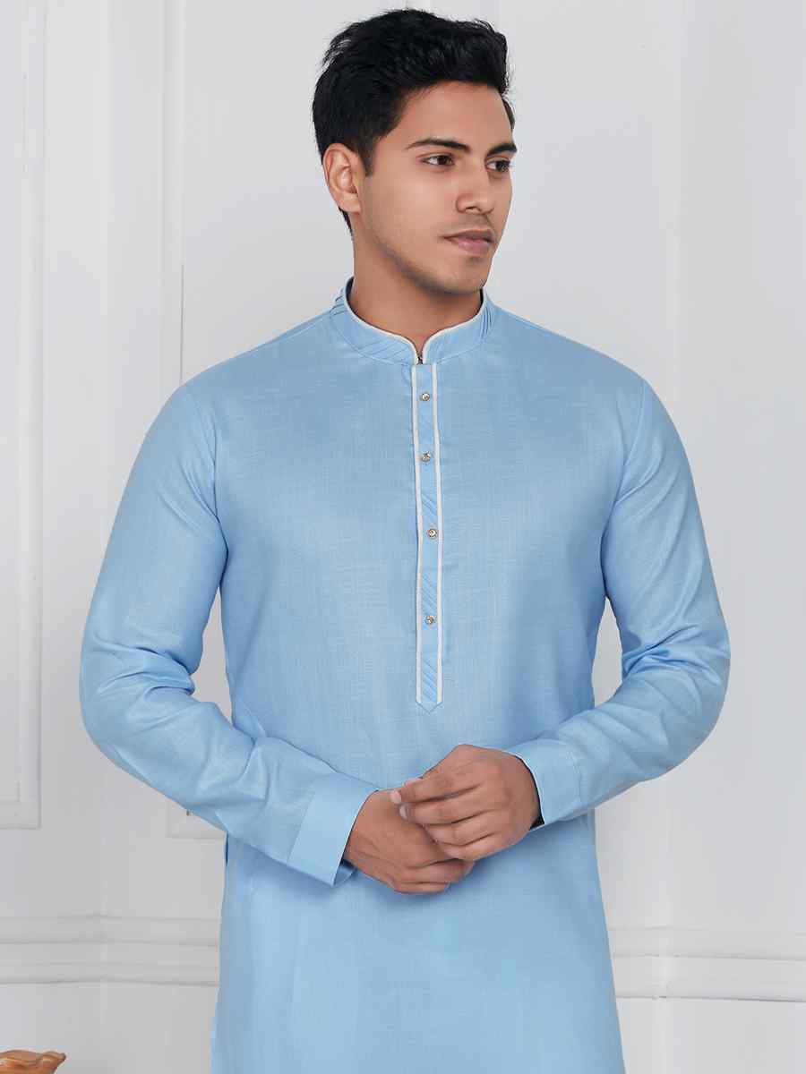 Sky Blue Linen Cotton Printed Festival Casual Kurta