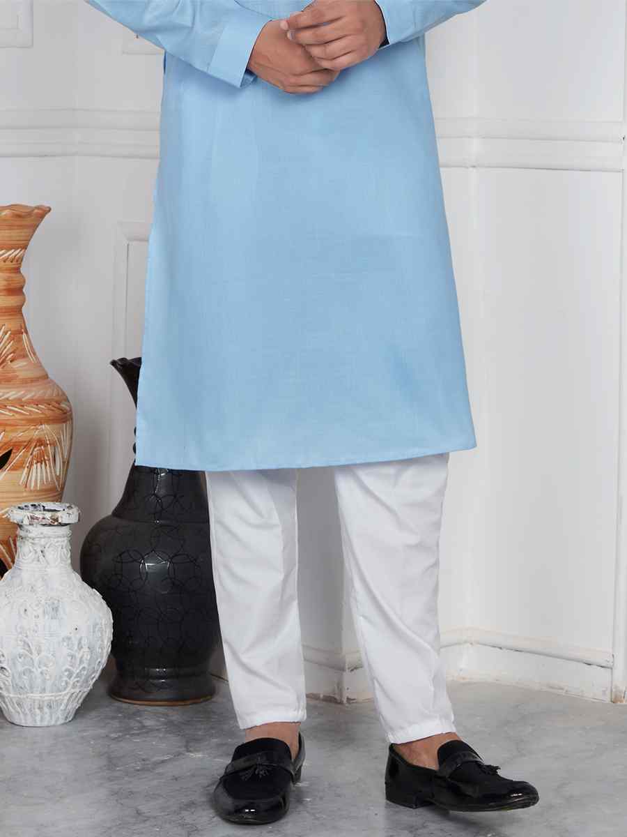 Sky Blue Linen Cotton Printed Festival Casual Kurta