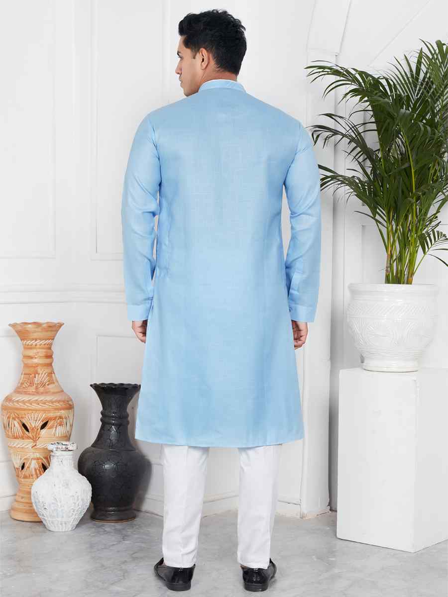 Sky Blue Linen Cotton Printed Festival Casual Kurta