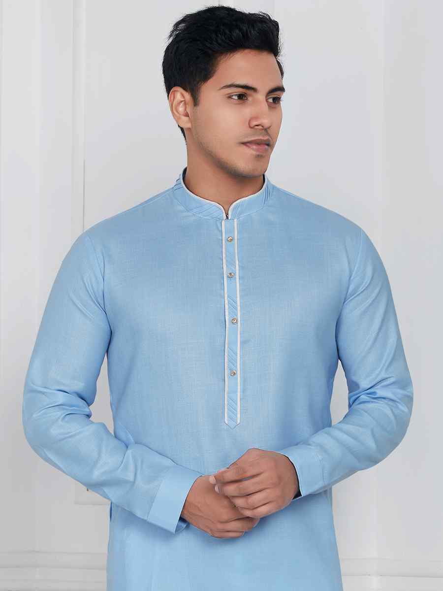 Sky Blue Linen Cotton Printed Festival Casual Kurta