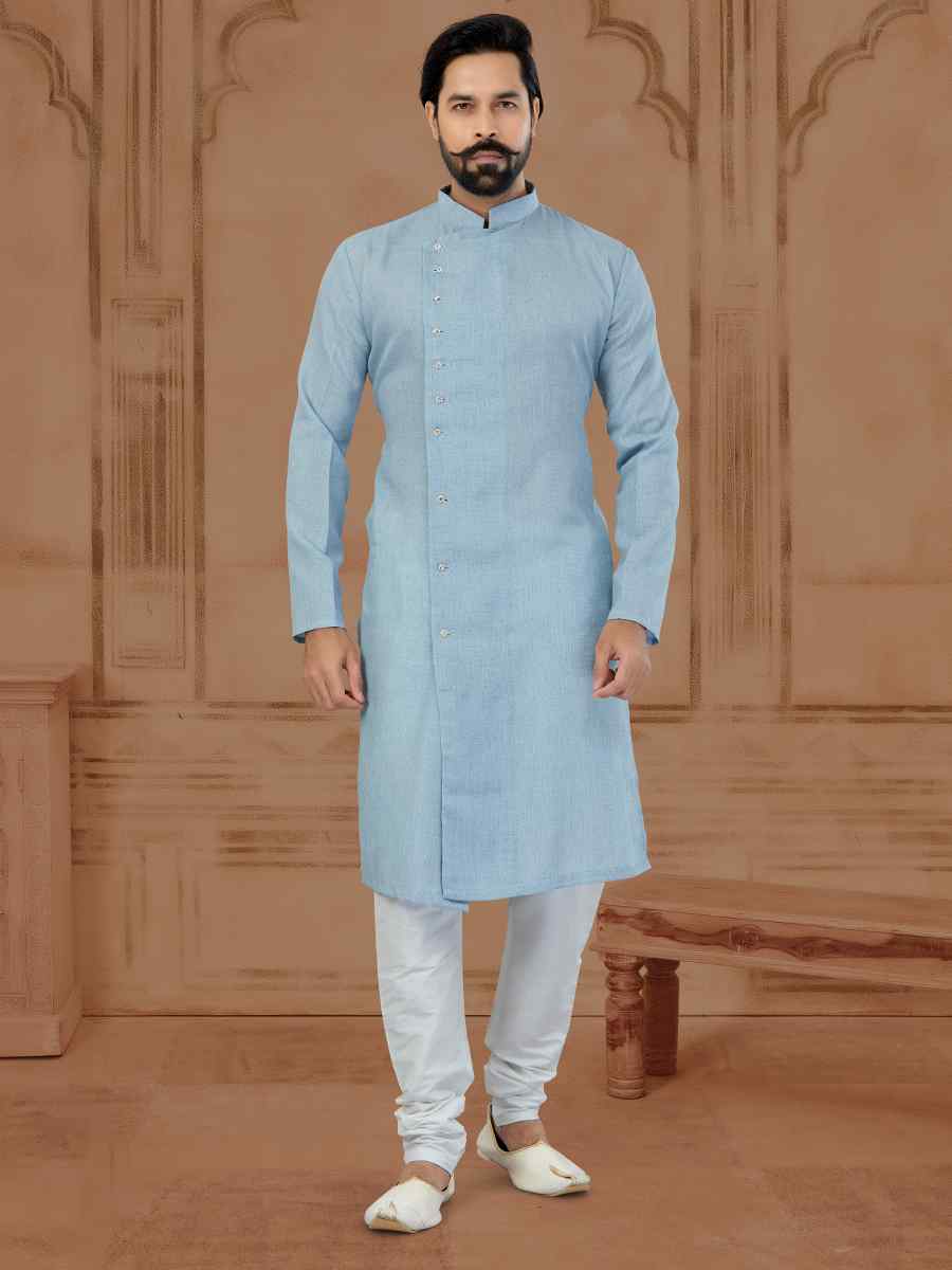 Sky Blue Linen Cotton Printed Festival Kurta