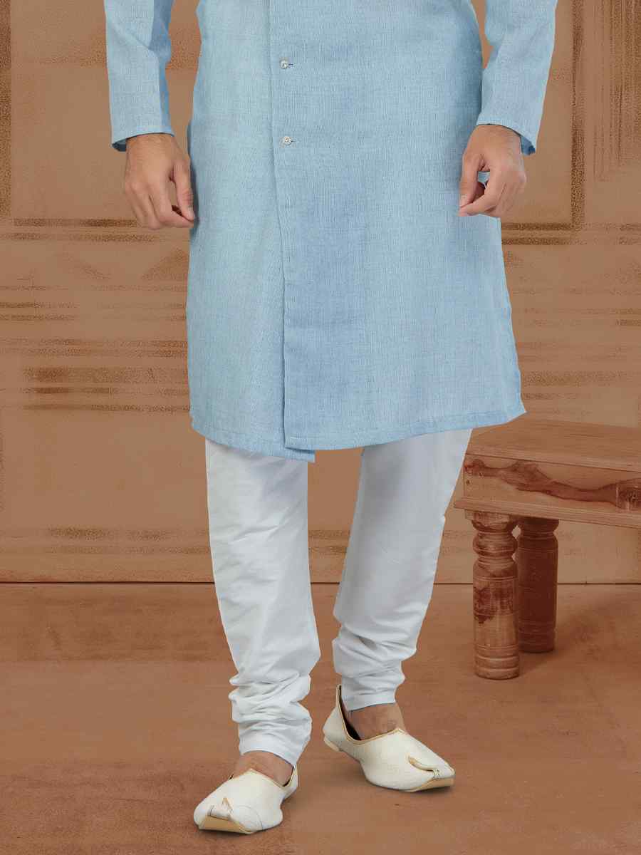 Sky Blue Linen Cotton Printed Festival Kurta
