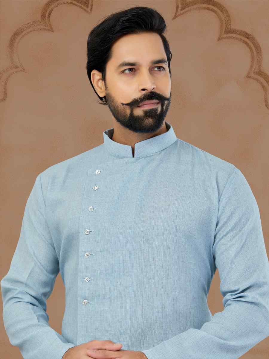 Sky Blue Linen Cotton Printed Festival Kurta