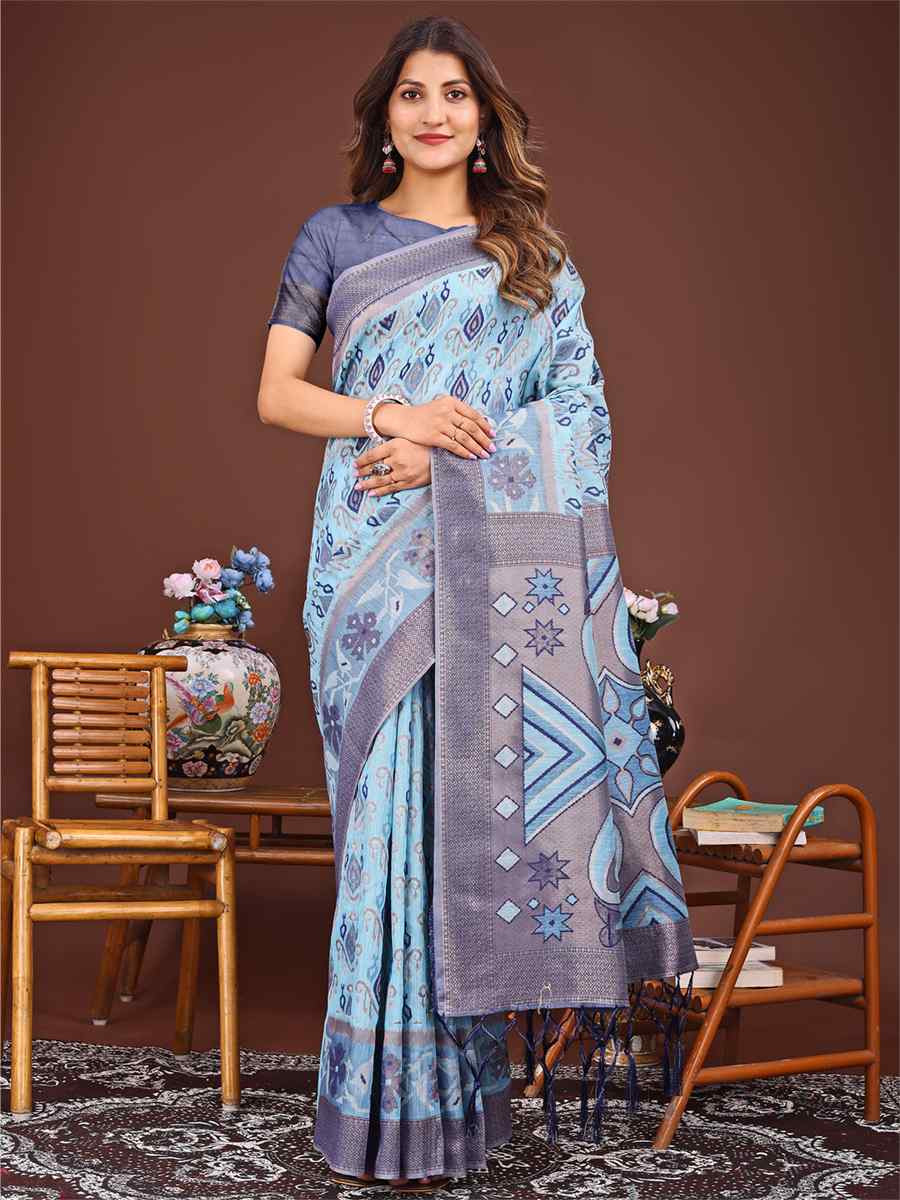 Sky Blue Linen Cotton Printed Festival Wedding Fancy Heavy Border Saree