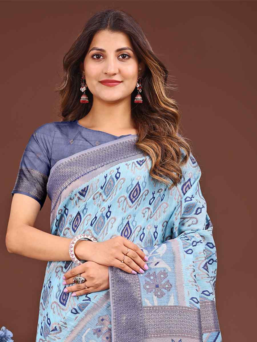 Sky Blue Linen Cotton Printed Festival Wedding Fancy Heavy Border Saree