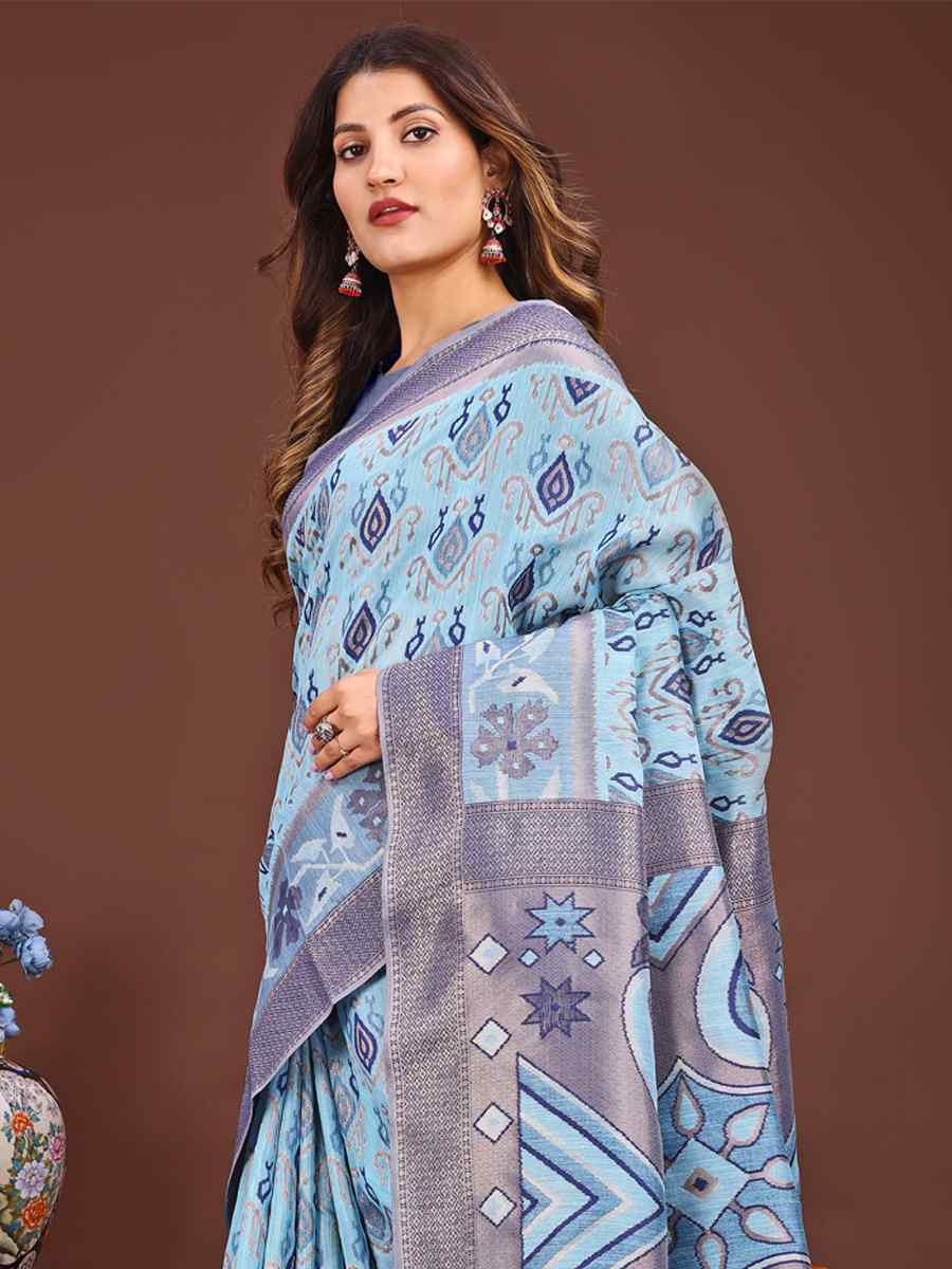 Sky Blue Linen Cotton Printed Festival Wedding Fancy Heavy Border Saree