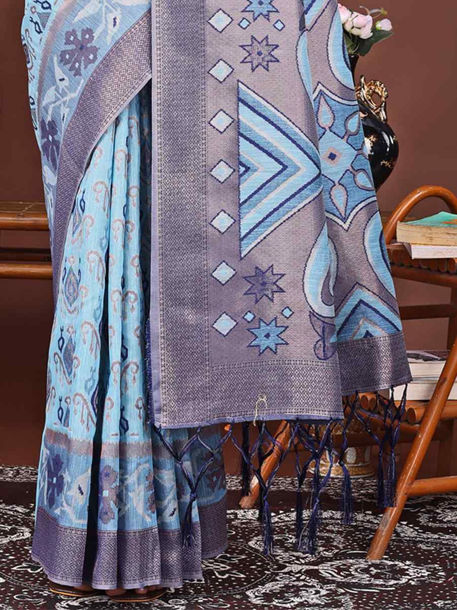 Sky Blue Linen Cotton Printed Festival Wedding Fancy Heavy Border Saree