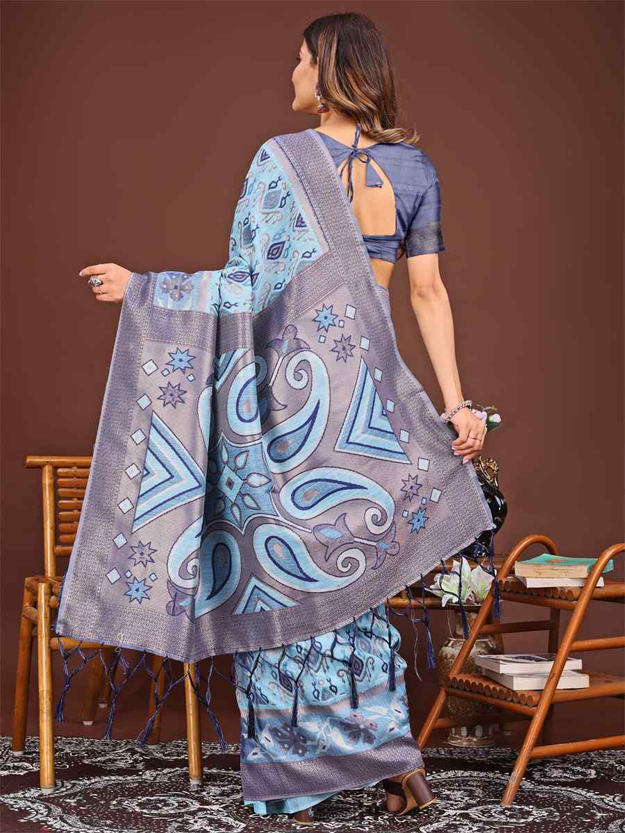 Sky Blue Linen Cotton Printed Festival Wedding Fancy Heavy Border Saree