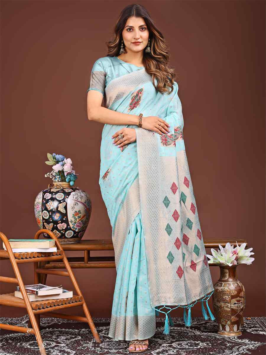 Sky Blue Linen Cotton Printed Festival Wedding Fancy Heavy Border Saree