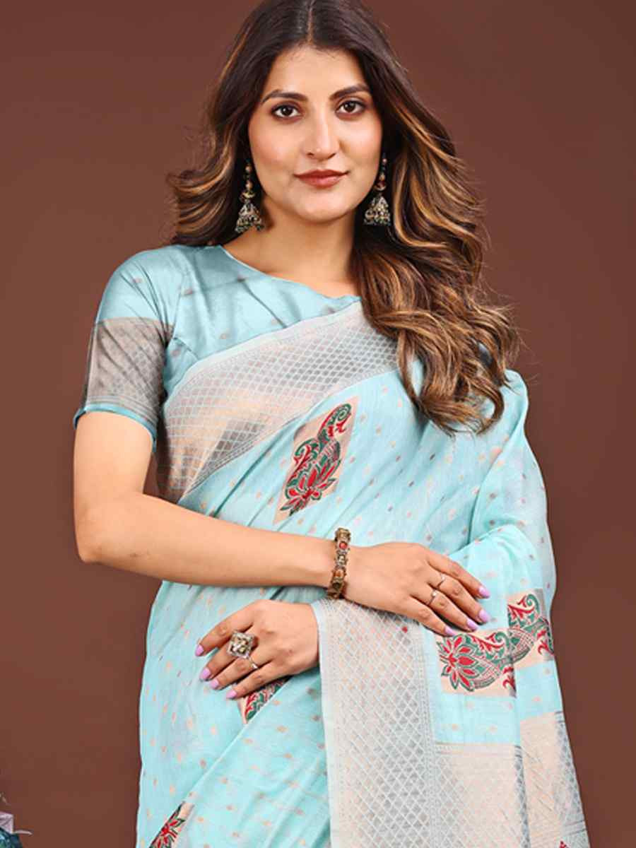 Sky Blue Linen Cotton Printed Festival Wedding Fancy Heavy Border Saree