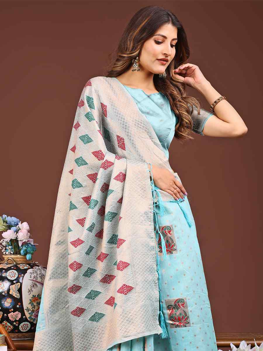 Sky Blue Linen Cotton Printed Festival Wedding Fancy Heavy Border Saree