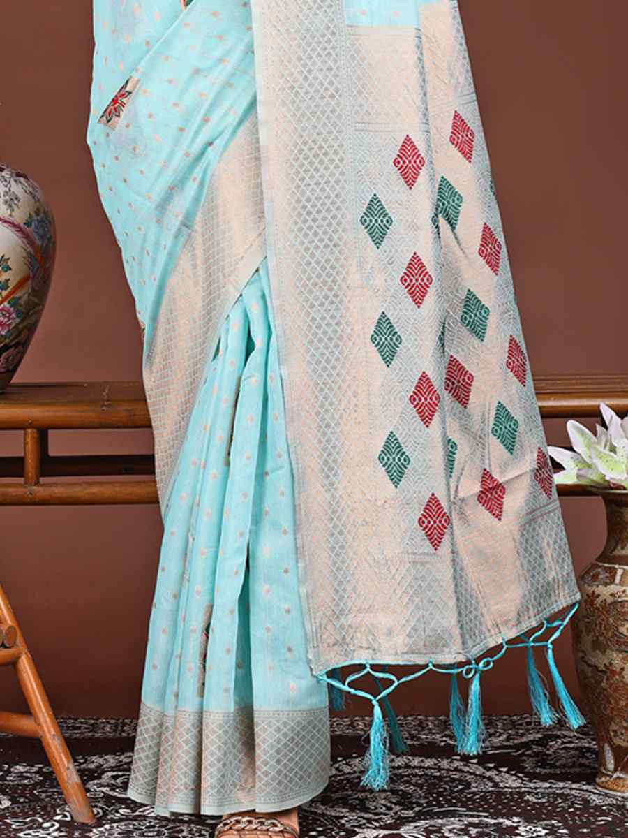 Sky Blue Linen Cotton Printed Festival Wedding Fancy Heavy Border Saree