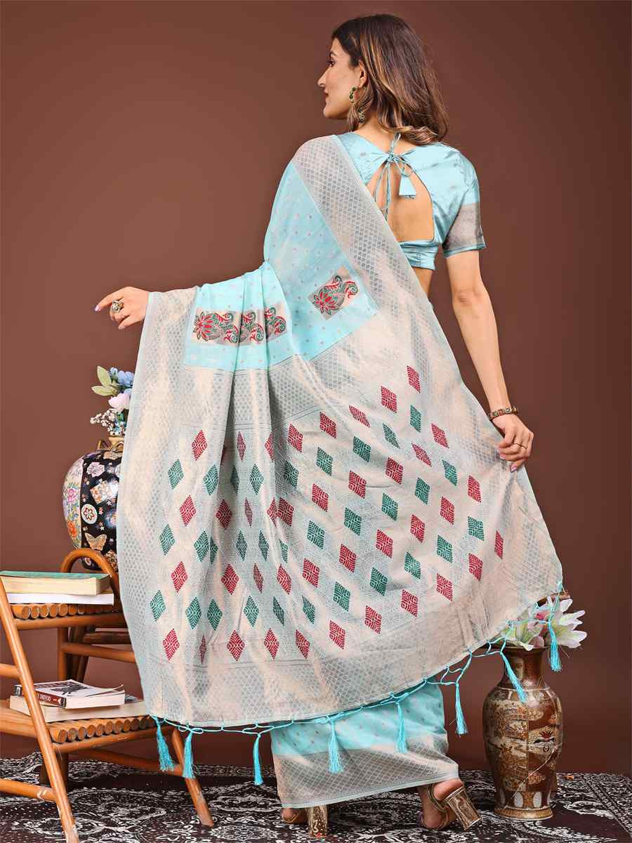 Sky Blue Linen Cotton Printed Festival Wedding Fancy Heavy Border Saree