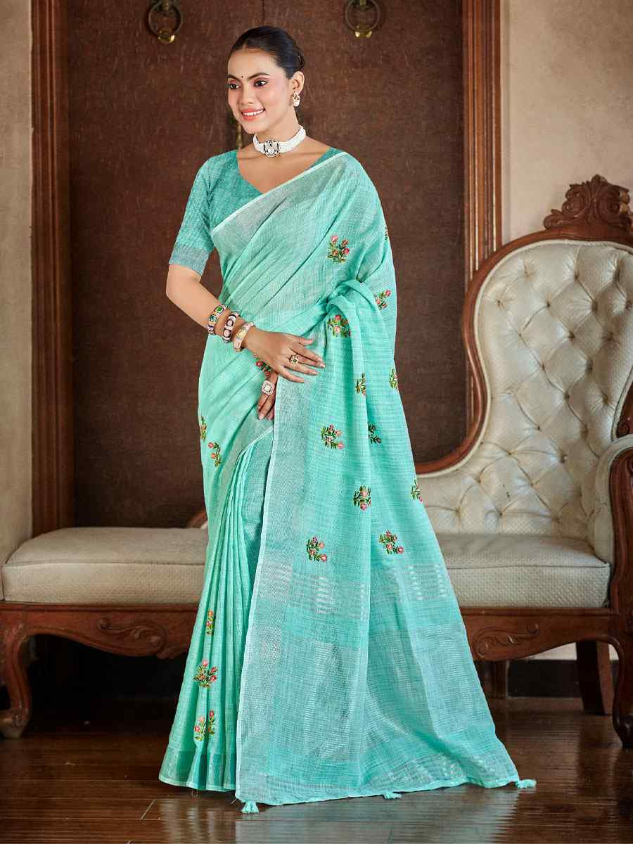 Sky Blue Linen Embroidery Handwoven Casual Festival Party Classic Style Sarees