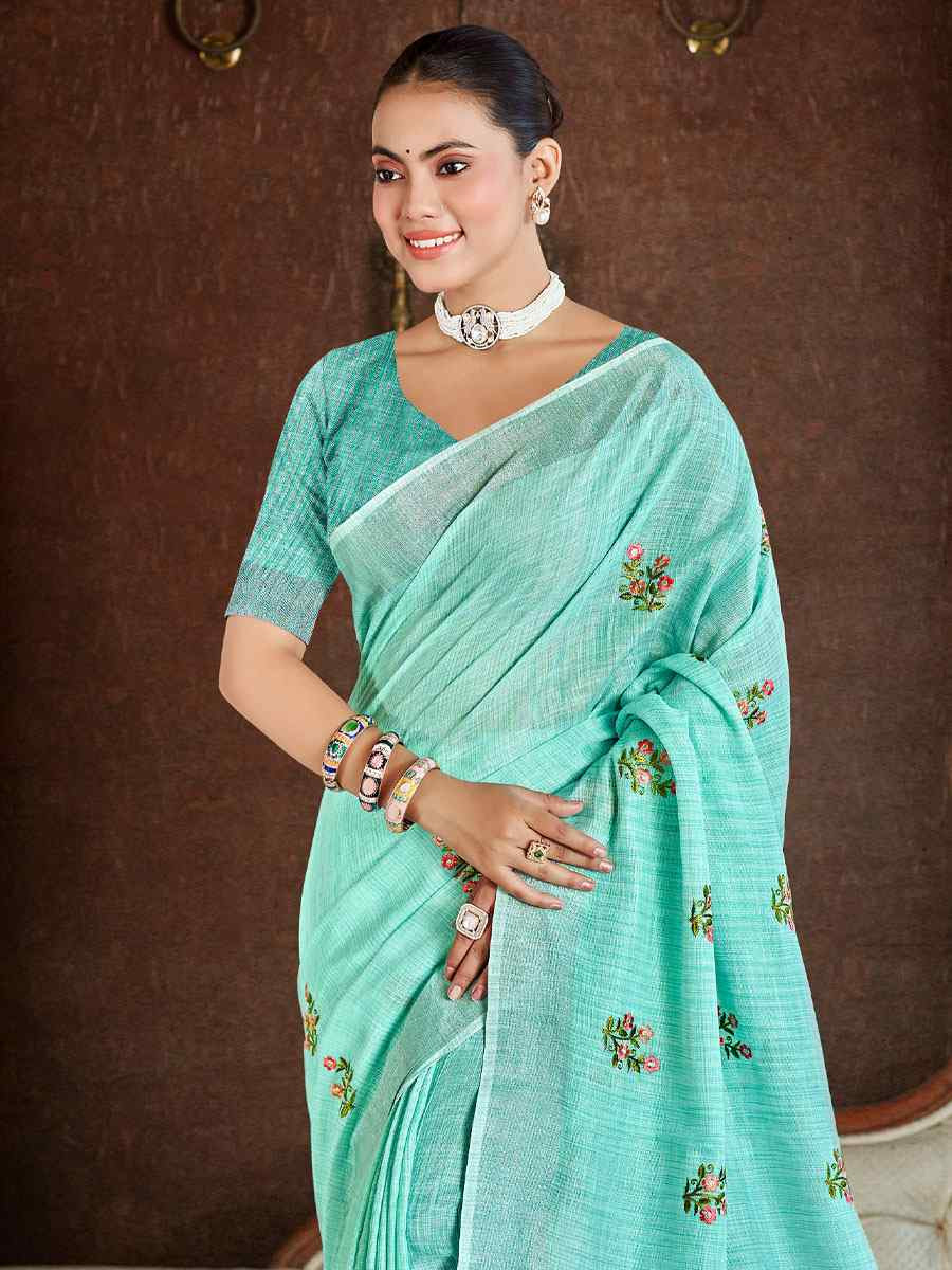 Sky Blue Linen Embroidery Handwoven Casual Festival Party Classic Style Sarees
