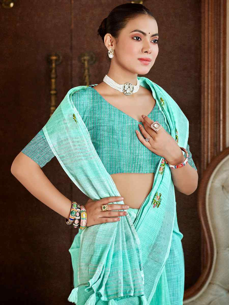 Sky Blue Linen Embroidery Handwoven Casual Festival Party Classic Style Sarees