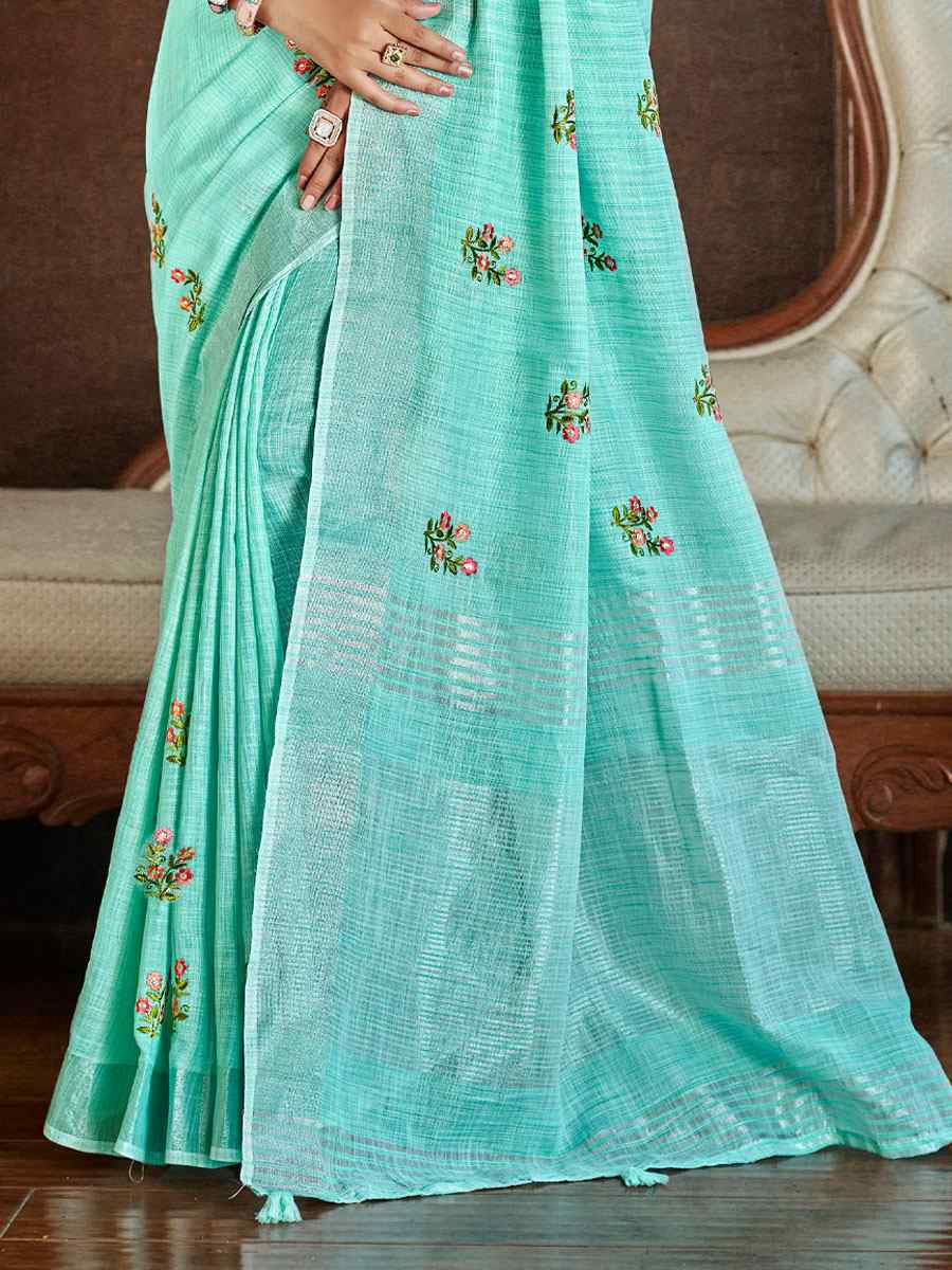 Sky Blue Linen Embroidery Handwoven Casual Festival Party Classic Style Sarees