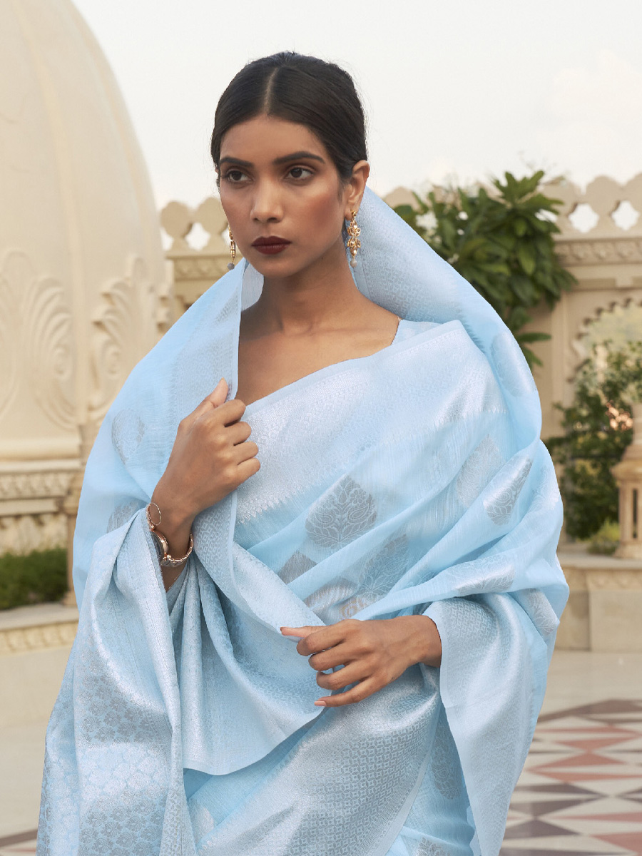 Sky Blue Linen Handwoven Wedding Festival Heavy Border Saree
