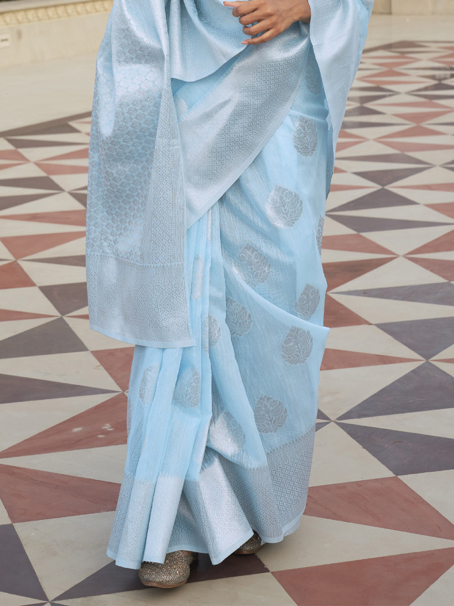 Sky Blue Linen Handwoven Wedding Festival Heavy Border Saree