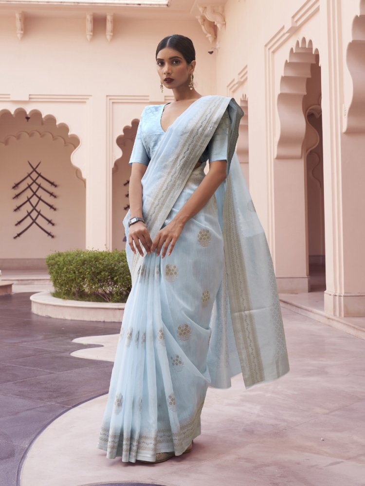 Sky Blue Linen Handwoven Wedding Festival Heavy Border Saree