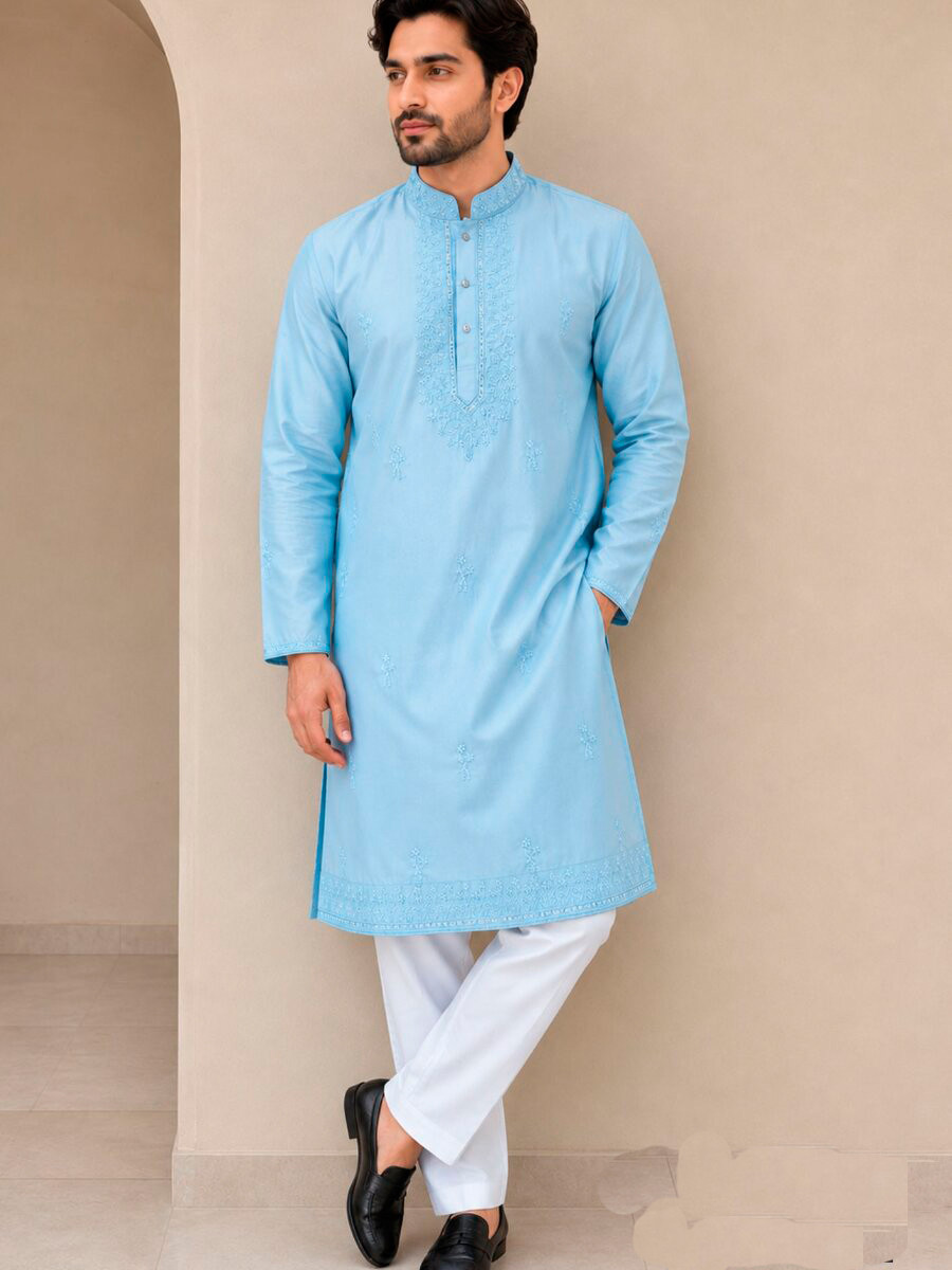 Sky Blue Linen Satin Embroidery Beads Work Wedding Party Festival Casual Mens Wear Kurta