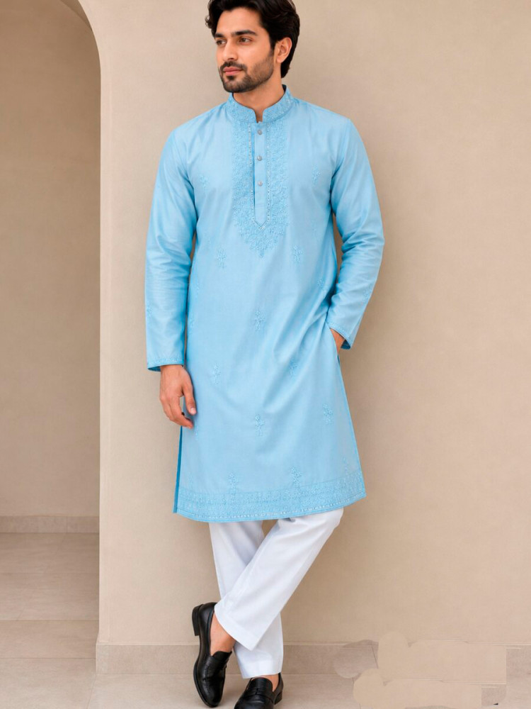 Image of Sky Blue Linen Satin Embroidery Beads Work Wedding Party Festival Casual Mens Wear Kurta