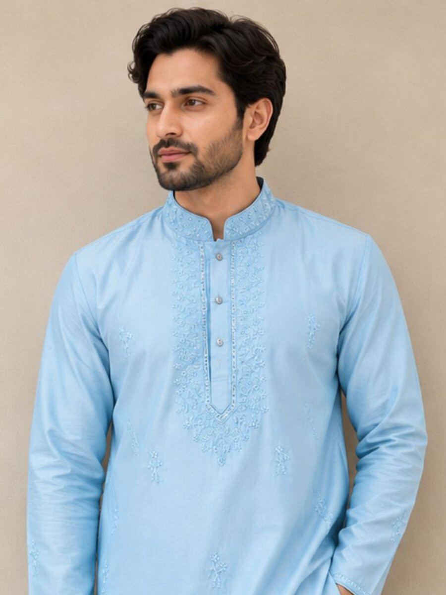 Sky Blue Linen Satin Embroidery Beads Work Wedding Party Festival Casual Mens Wear Kurta