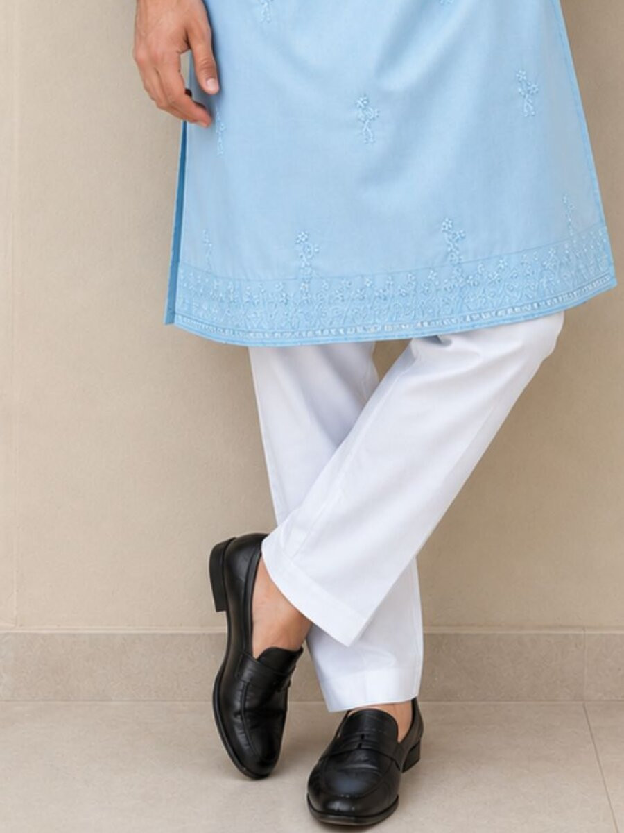 Sky Blue Linen Satin Embroidery Beads Work Wedding Party Festival Casual Mens Wear Kurta