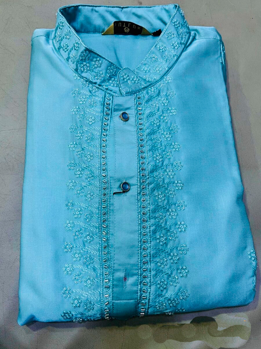 Sky Blue Linen Satin Embroidery Beads Work Wedding Party Festival Casual Mens Wear Kurta