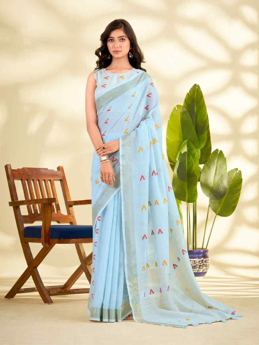 Sky Blue Linen Silk With Zari Border Printed Casual Festival Classic Style Sarees