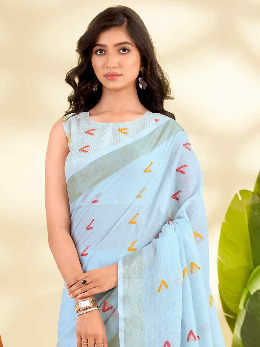 Sky Blue Linen Silk With Zari Border Printed Casual Festival Classic Style Sarees