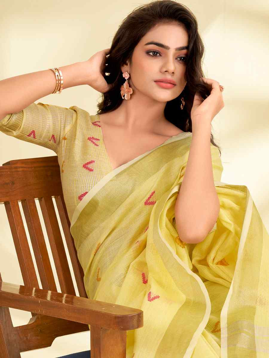 Sky Blue Linen Silk With Zari Border Printed Casual Festival Classic Style Sarees