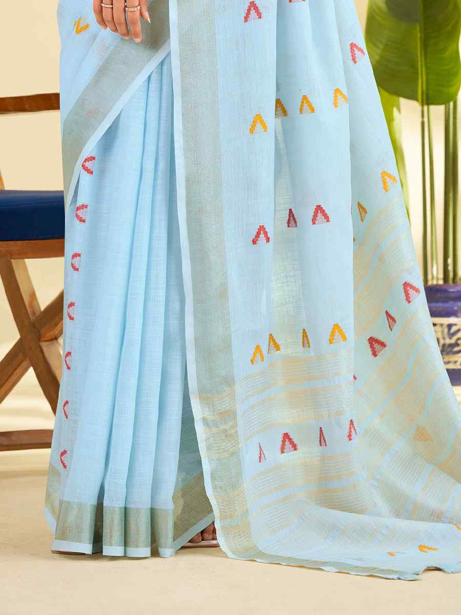 Sky Blue Linen Silk With Zari Border Printed Casual Festival Classic Style Sarees