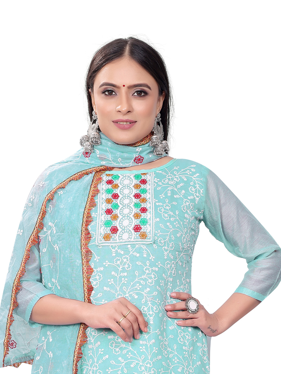 Sky Blue Modal Chanderi Embroidered Casual Festival Churidar Salwar Kameez