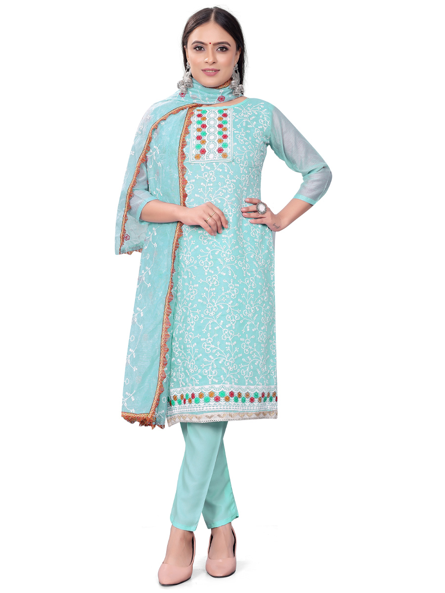 Sky Blue Modal Chanderi Embroidered Casual Festival Churidar Salwar Kameez