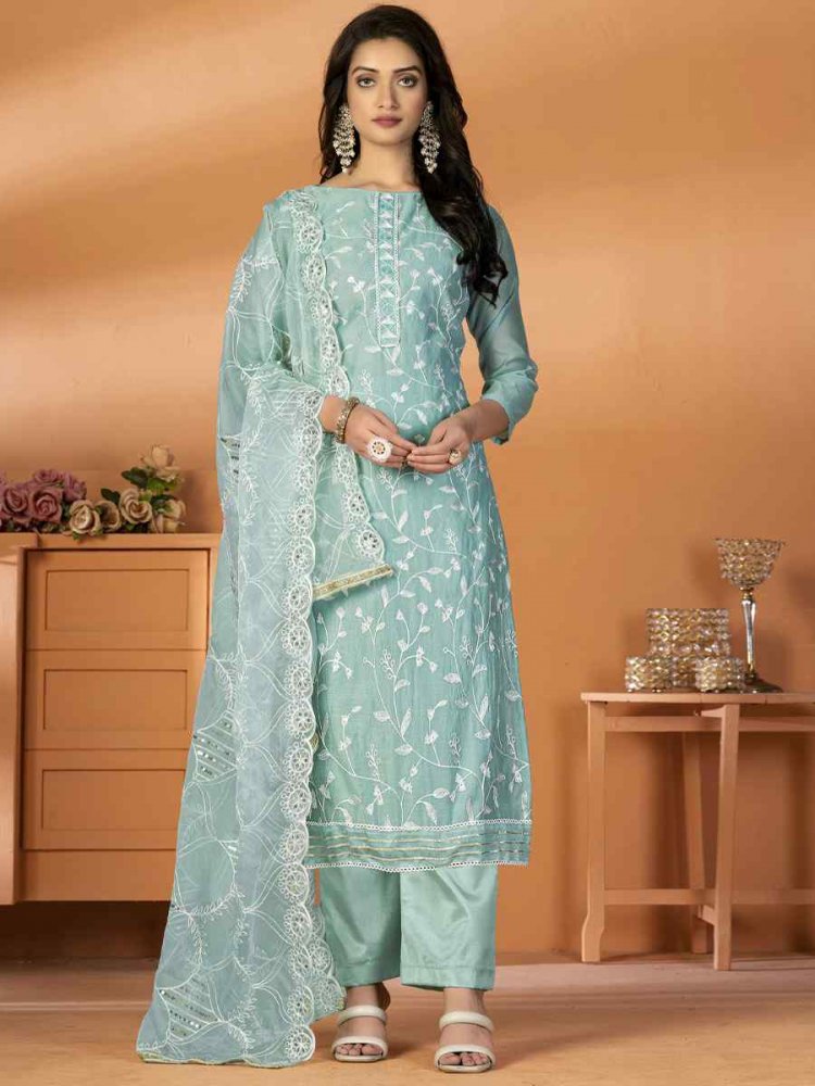 Sky Blue Modal Silk Embroidered Casual Festival Pant Salwar Kameez