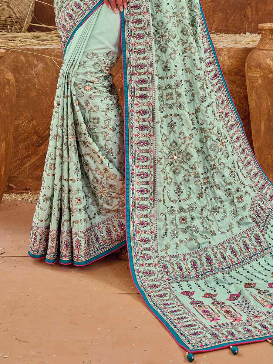 Sky Blue Monalisha Silk Embroidered Wedding Festival Heavy Border Saree