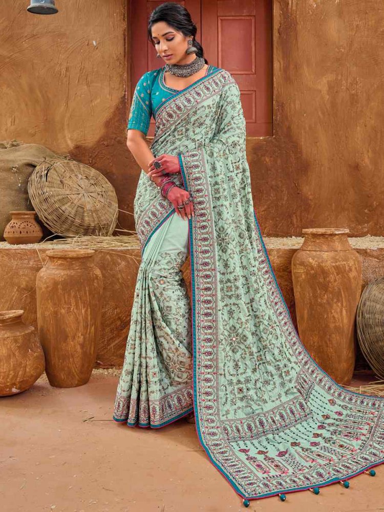 Sky Blue Monalisha Silk Embroidered Wedding Festival Heavy Border Saree