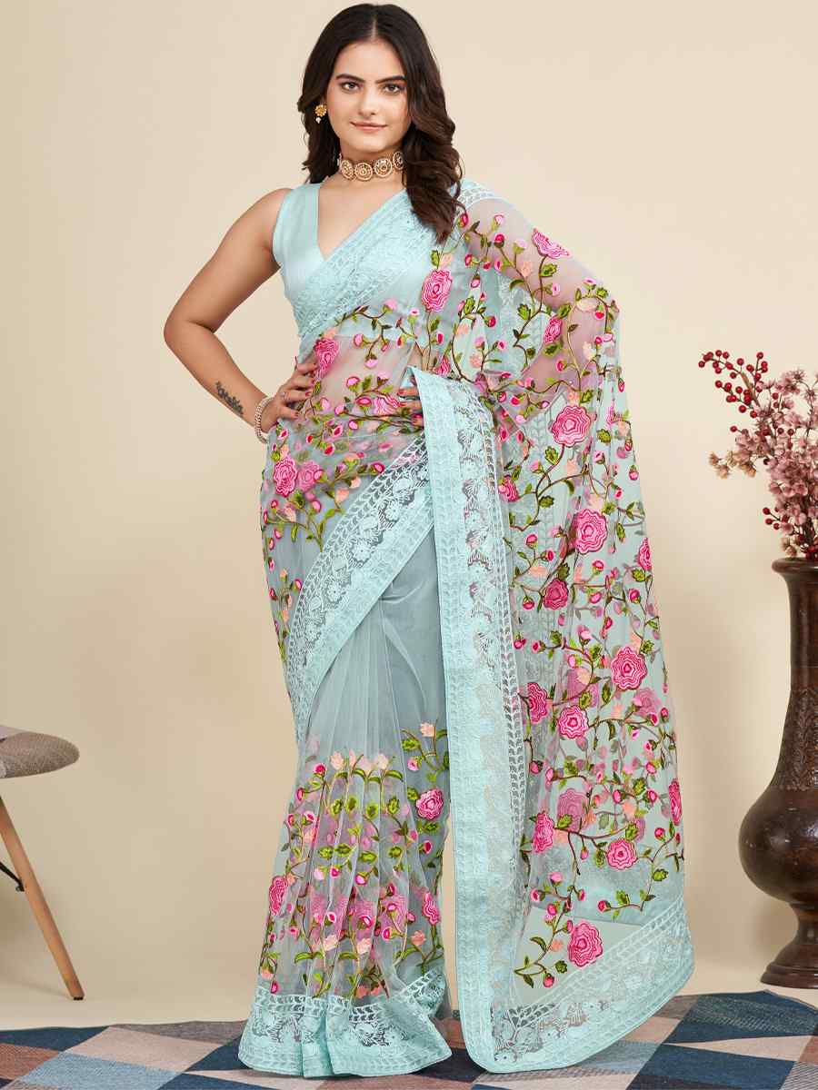Sky Blue Mono Banglory Silk Embroidered Reception Party Heavy Border Saree